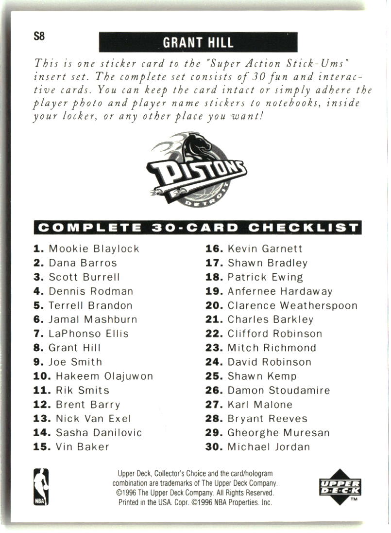 Grant Hill 1996-97 Collector's Choice Super Action Stick 'Ums (Series One) #S8