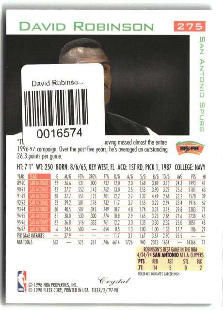 David Robinson 1997-98 Fleer Traditions Crystal #275