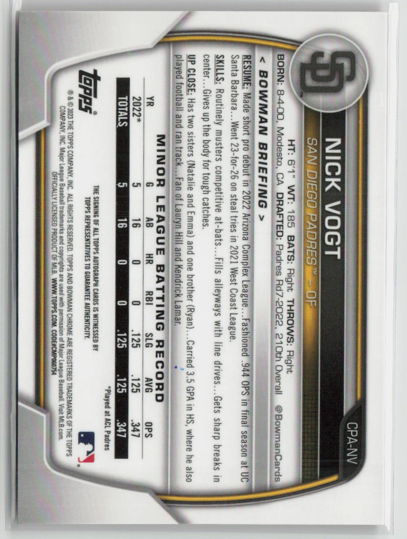Nick Vogt 2023 Bowman Chrome Prospect Autographs Orange Shimmer #CPA-NV #/25