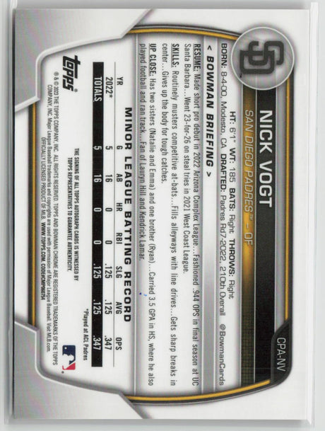Nick Vogt 2023 Bowman Chrome Prospect Autographs Orange Shimmer #CPA-NV #/25