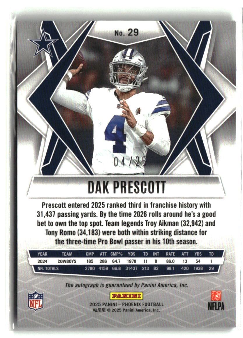 Dak Prescott 2025 Panini Phoenix Base Autographs Green Prizm #29 #/25