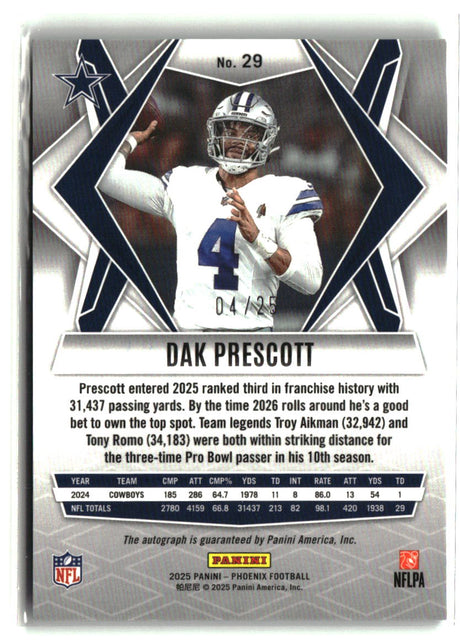 Dak Prescott 2025 Panini Phoenix Base Autographs Green Prizm #29 #/25