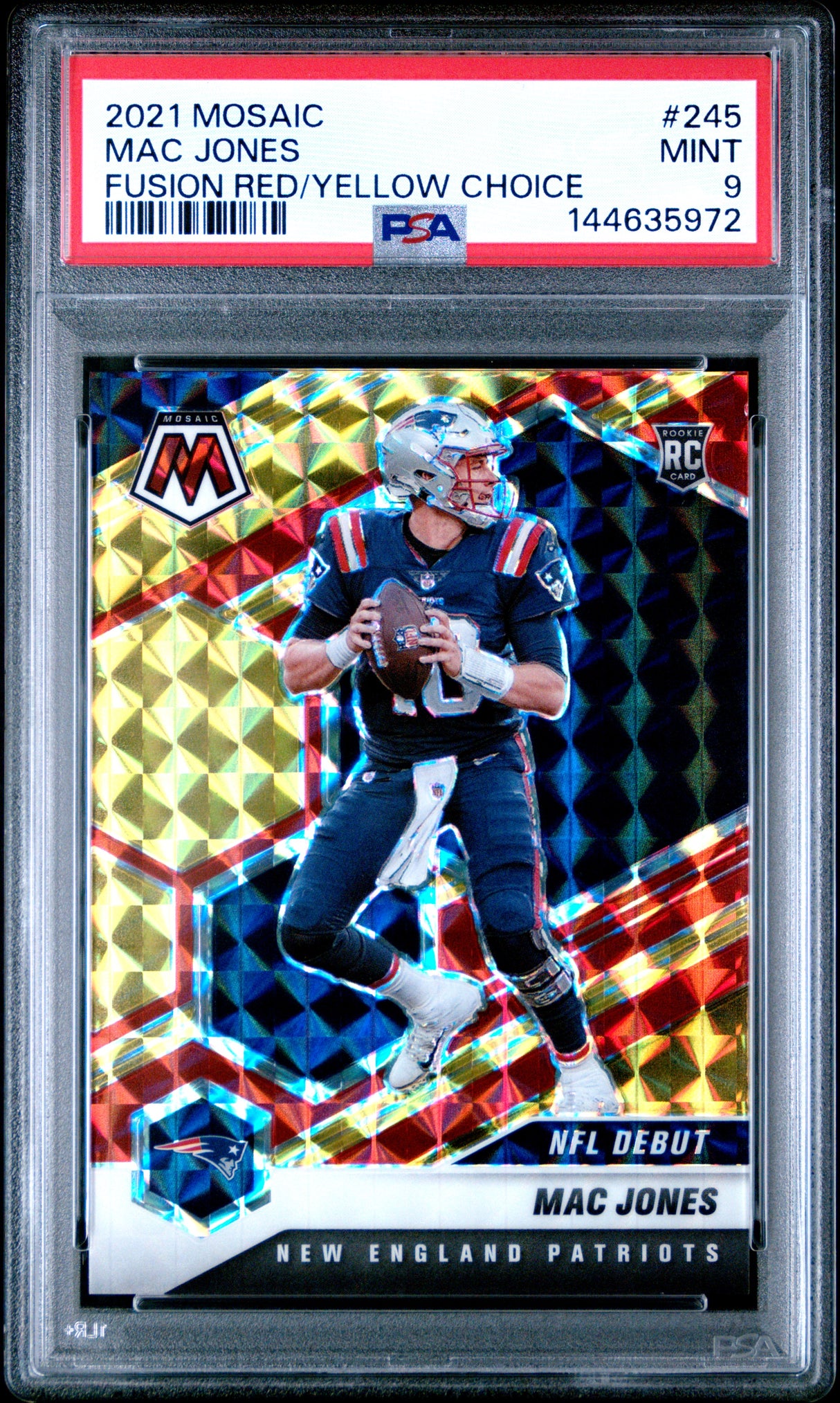 Mac Jones 2021 Panini Mosaic Choice Prizm Fusion Red and Yellow #245 #/80 PSA 9