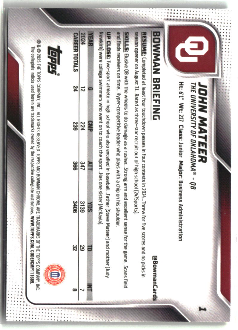 John Mateer 2025 Bowman University Chrome Yellow Refractor #1 #/350