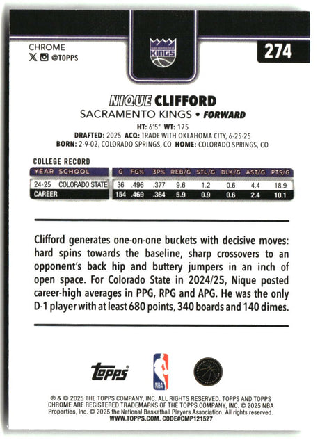 Nique Clifford 2025-26 Topps Chrome #274