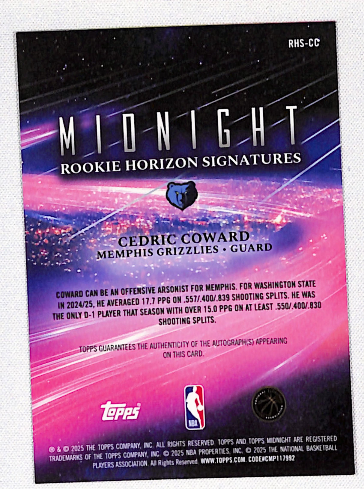 Cedric Coward 2025-26 Topps Midnight Rookie Horizon Summer Solstice #RHS-CC #/50