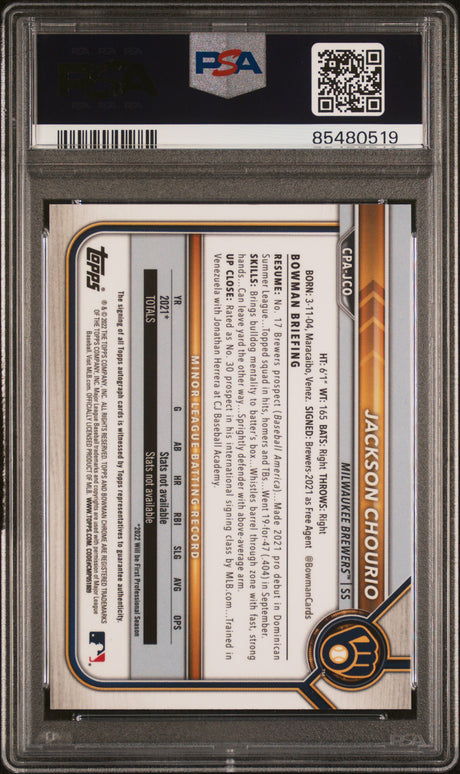 Jackson Chourio 2022 Bowman Chrome Prosp Auto Purple Refr #CPA-JCO #/250 PSA 9