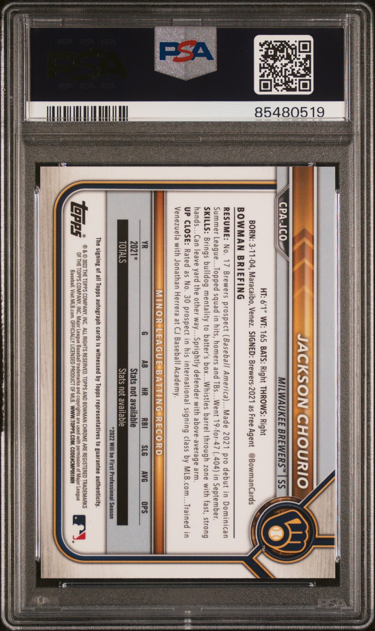 Jackson Chourio 2022 Bowman Chrome Prosp Auto Purple Refr #CPA-JCO #/250 PSA 9