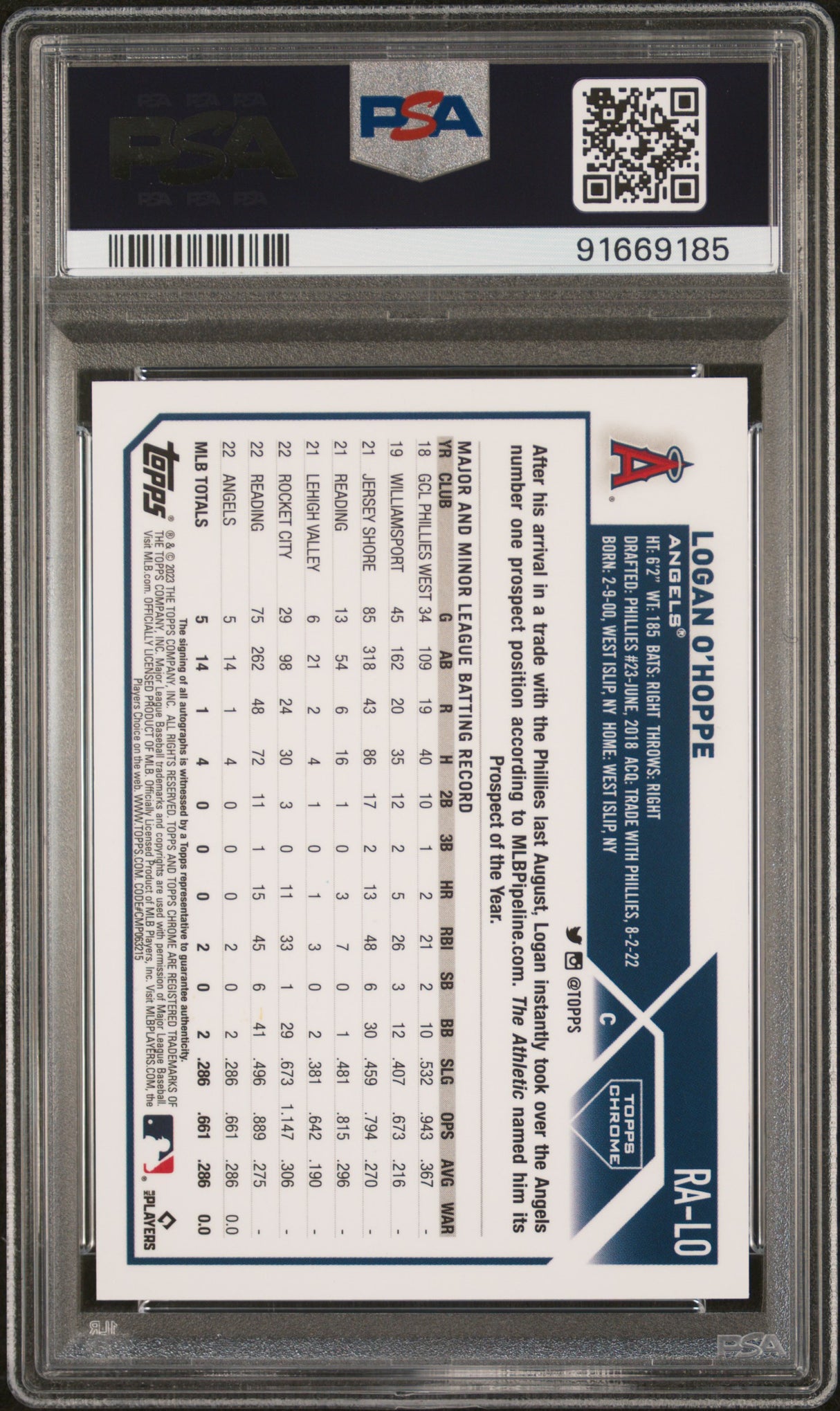 Logan O'Hoppe 2023 Topps Chrome Rookie Autographs Purple #RA-LO #/250 PSA 10