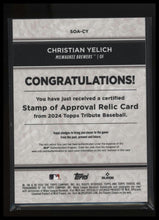 Load image into Gallery viewer, Christian Yelich 2024 Topps Tribute #SOA-CY Stamp of Approval Relic Blue /150

