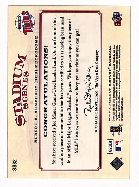 Joe Mauer 2008 Upper Deck A Piece of History Stadium Scenes Jersey Red #SS32