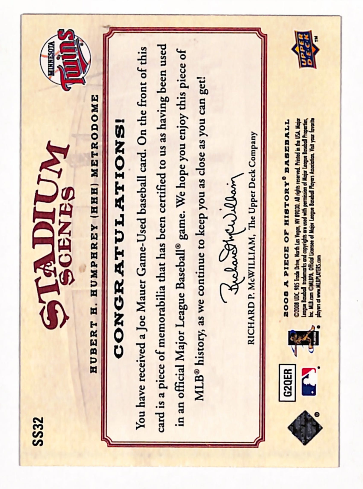 Joe Mauer 2008 Upper Deck A Piece of History Stadium Scenes Jersey Red #SS32