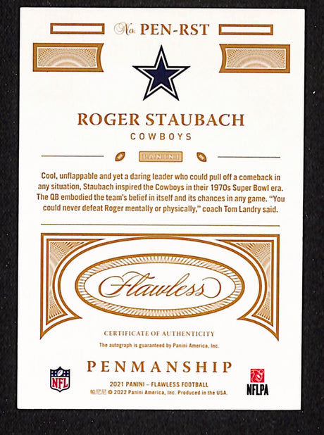 Roger Staubach 2021 Panini Flawless Flawless Penmanship Sapphire #PEN-RST #/10