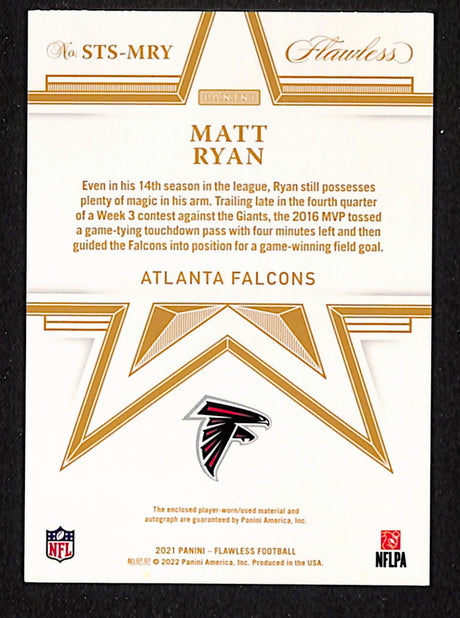 Matt Ryan 2021 Panini Flawless Star Swatch Signatures Sapphire #STS-MRY #/5