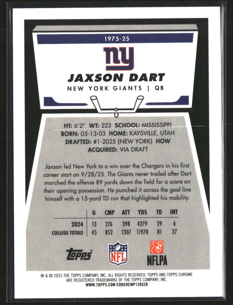 Jaxson Dart 2025 Topps Chrome Football 1975 Topps #1975-25