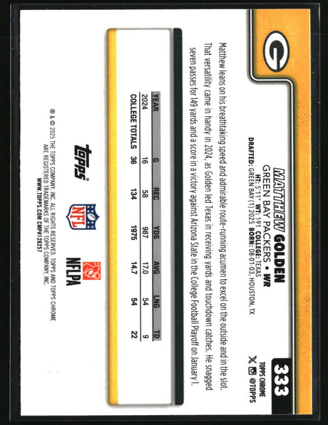 Matthew Golden 2025 Topps Chrome Yellow Wave Refractor /275 #333