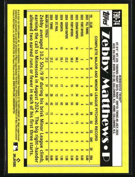 Zebby Matthews 2025 Topps 1990 Topps Baseball 35th Anniversary #T90-74