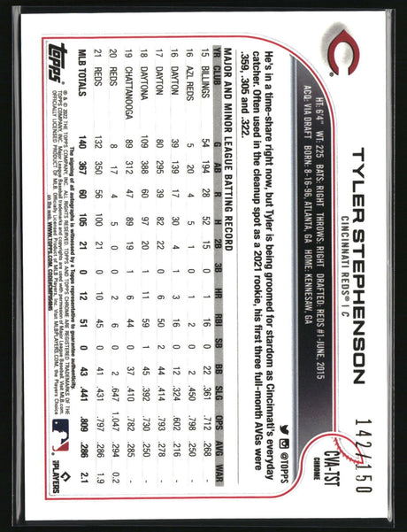 Tyler Stephenson 2022 Topps Chrome Autographs Blue Ray Wave #CVA-TST #/150