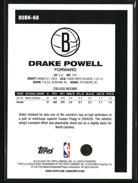 Drake Powell 2025-26 Topps 1980-81 Topps Basketball #80BK-68