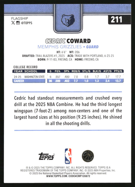 Cedric Coward 2025-26 Topps #211