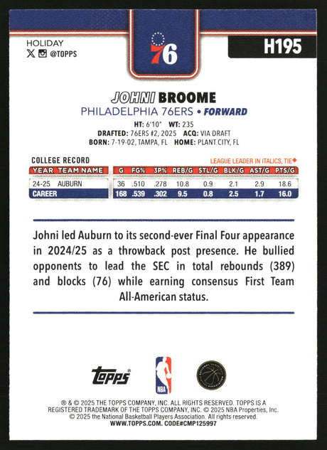 Johni Broome 2025-26 Topps Holiday #H195