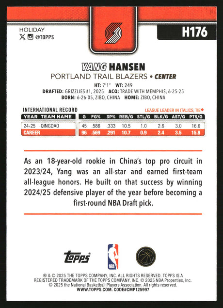 Yang Hansen 2025-26 Topps Holiday #H176