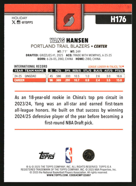 Yang Hansen 2025-26 Topps Holiday #H176