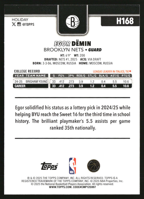 Egor Demin 2025-26 Topps Holiday #H168
