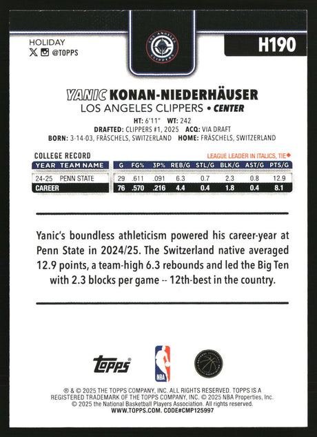 Yanic Konan Niederhauser 2025-26 Topps Holiday #H190