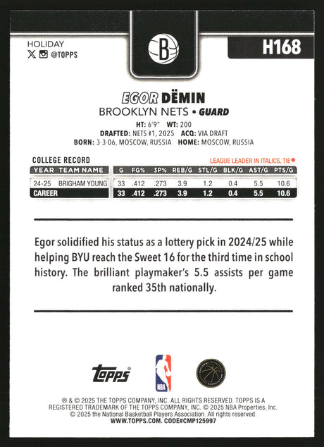 Egor Demin 2025-26 Topps Holiday #H168