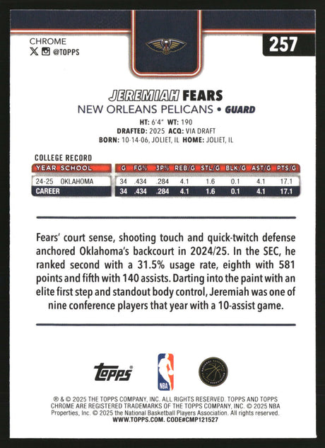 Jeremiah Fears 2025-26 Topps Chrome #257