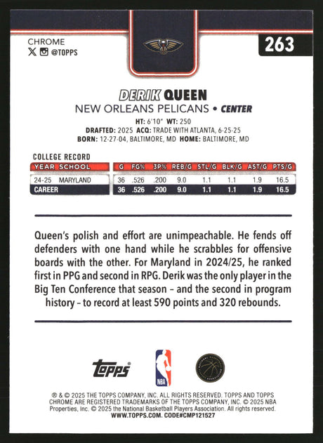 Derik Queen 2025-26 Topps Chrome #263