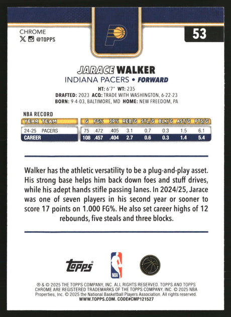Jarace Walker 2025-26 Topps Chrome Basketball Refractor #53