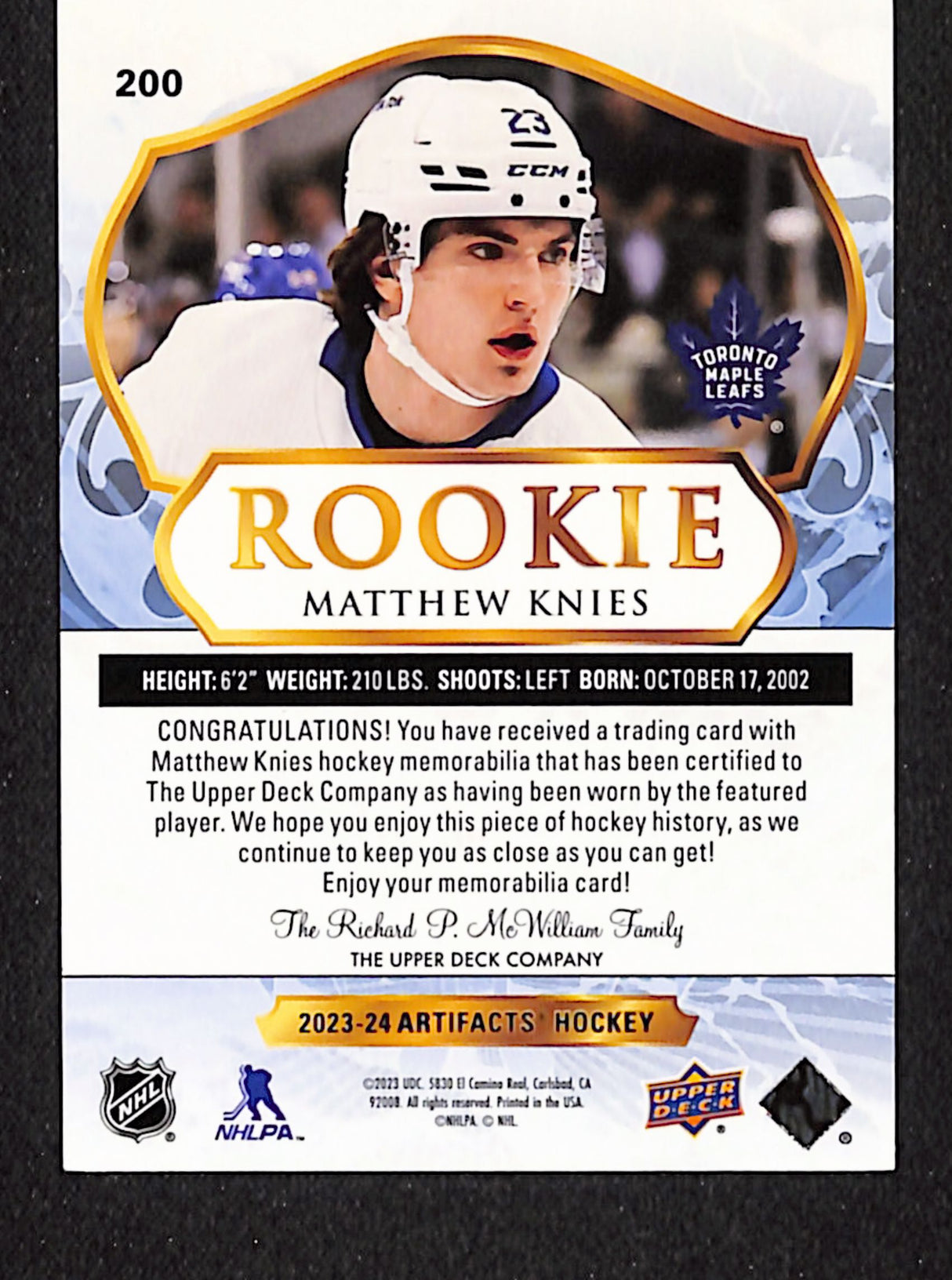 Matthew Knies 2023-24 Upper Deck Artifacts Horizontal Material Gold #200 #/399