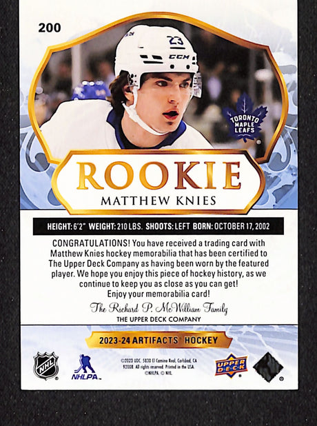 Matthew Knies 2023-24 Upper Deck Artifacts Horizontal Material Gold #200 #/399