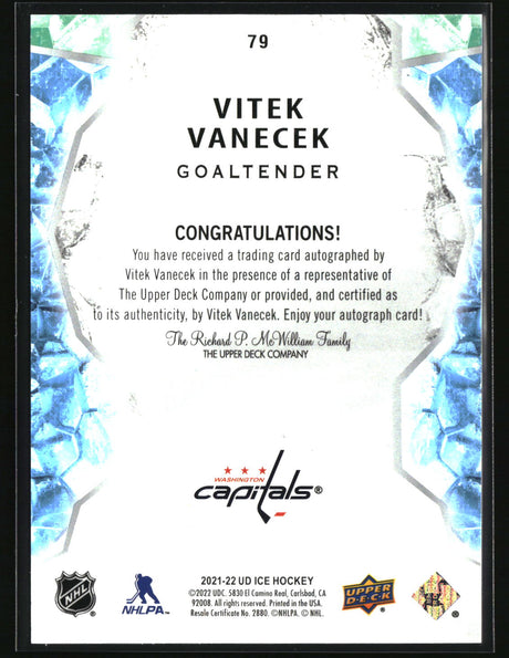 Vitek Vanecek 2021-22 Upper Deck Ice Autographs White Snowflake #79