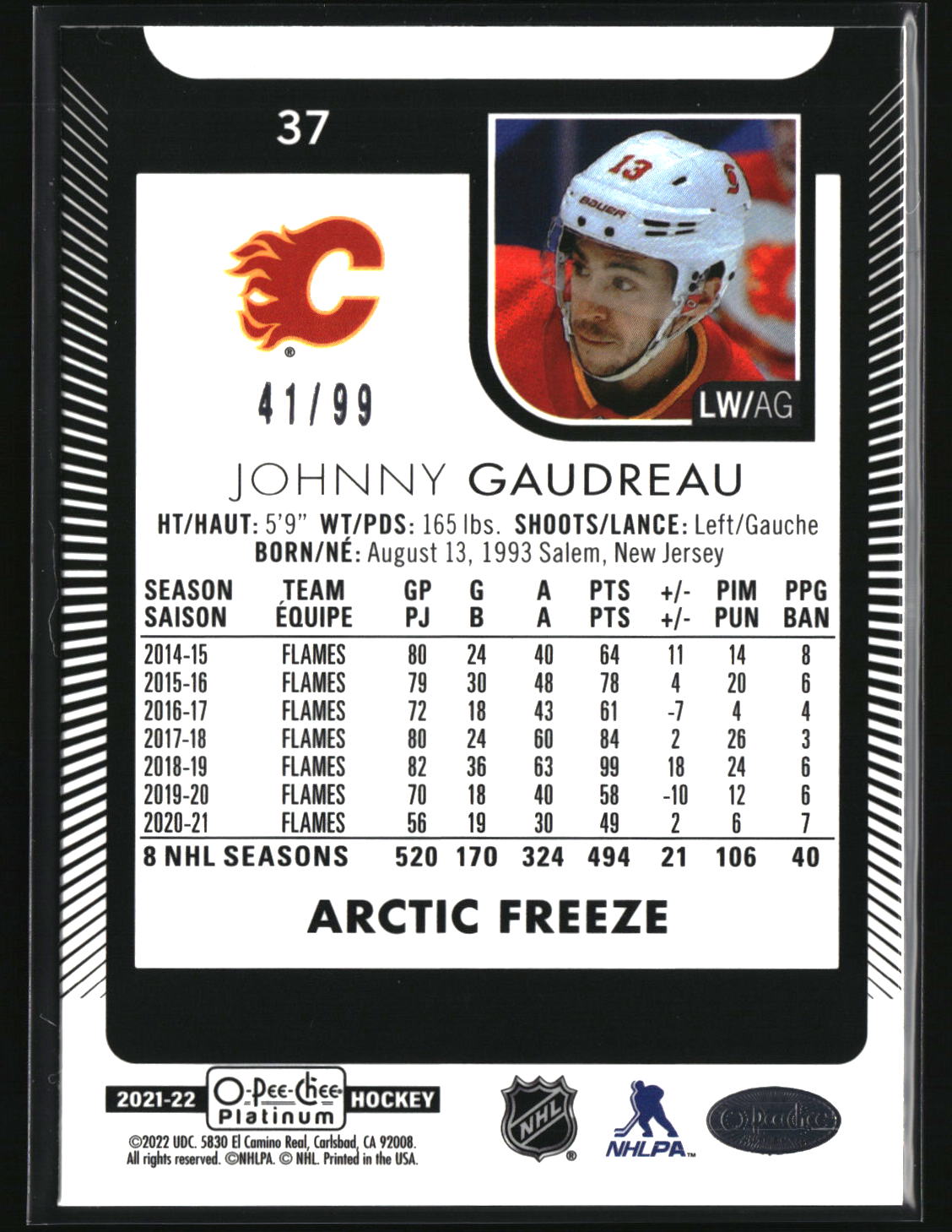 Johnny Gaudreau 2021-22 O-Pee-Chee Platinum Arctic-Freeze #37 #/99