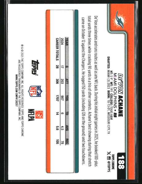De'Von Achane 2025 Topps Chrome Pulsar Refractor #188