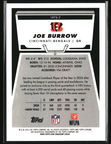 Joe Burrow 2025 Topps Chrome 1975 Topps #1975-7
