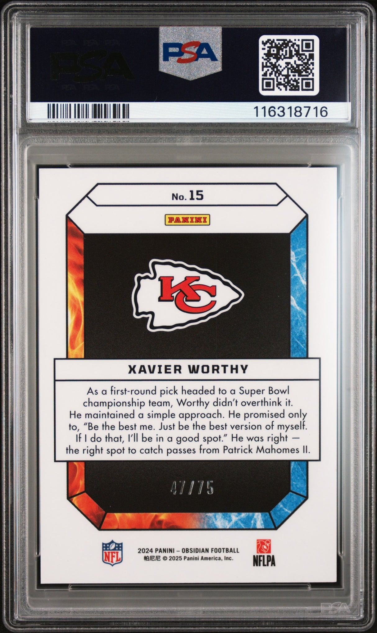 Xavier Worthy 2024 Panini Obsidian Fire and Ice Red #15 #/75 PSA 9