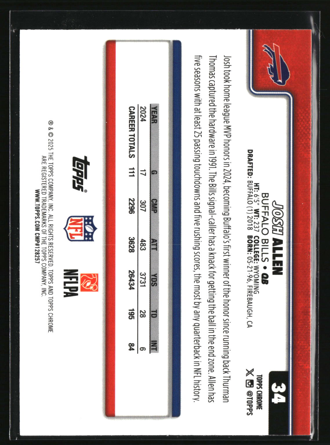 Josh Allen 2025 Topps Chrome Pulsar Refractor #34
