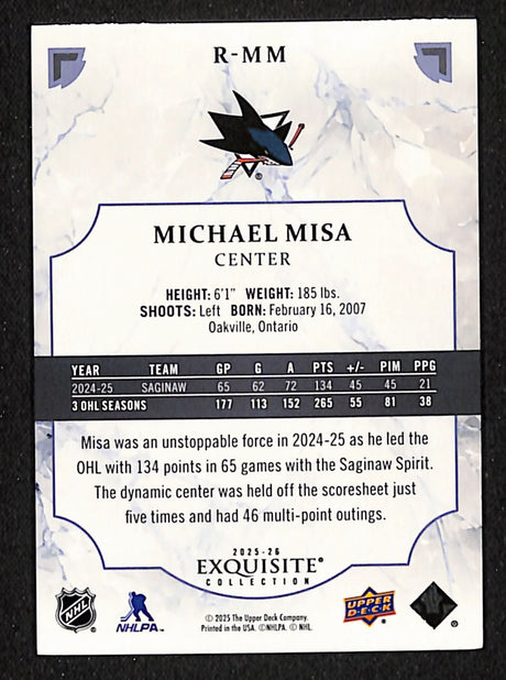 Michael Misa 2025-26 UD Black Diamond Exquisite Rookies Gold #R-MM #/99