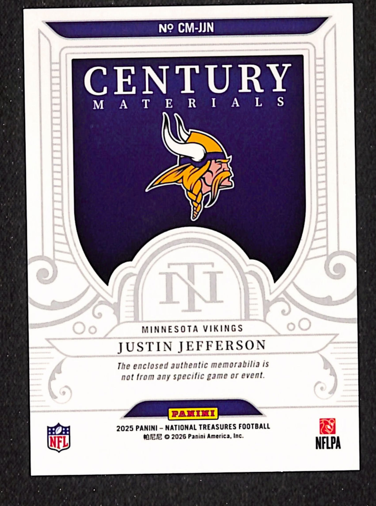 Justin Jefferson 2025 Panini National Treasures Century Materials #CM-JJN #/99