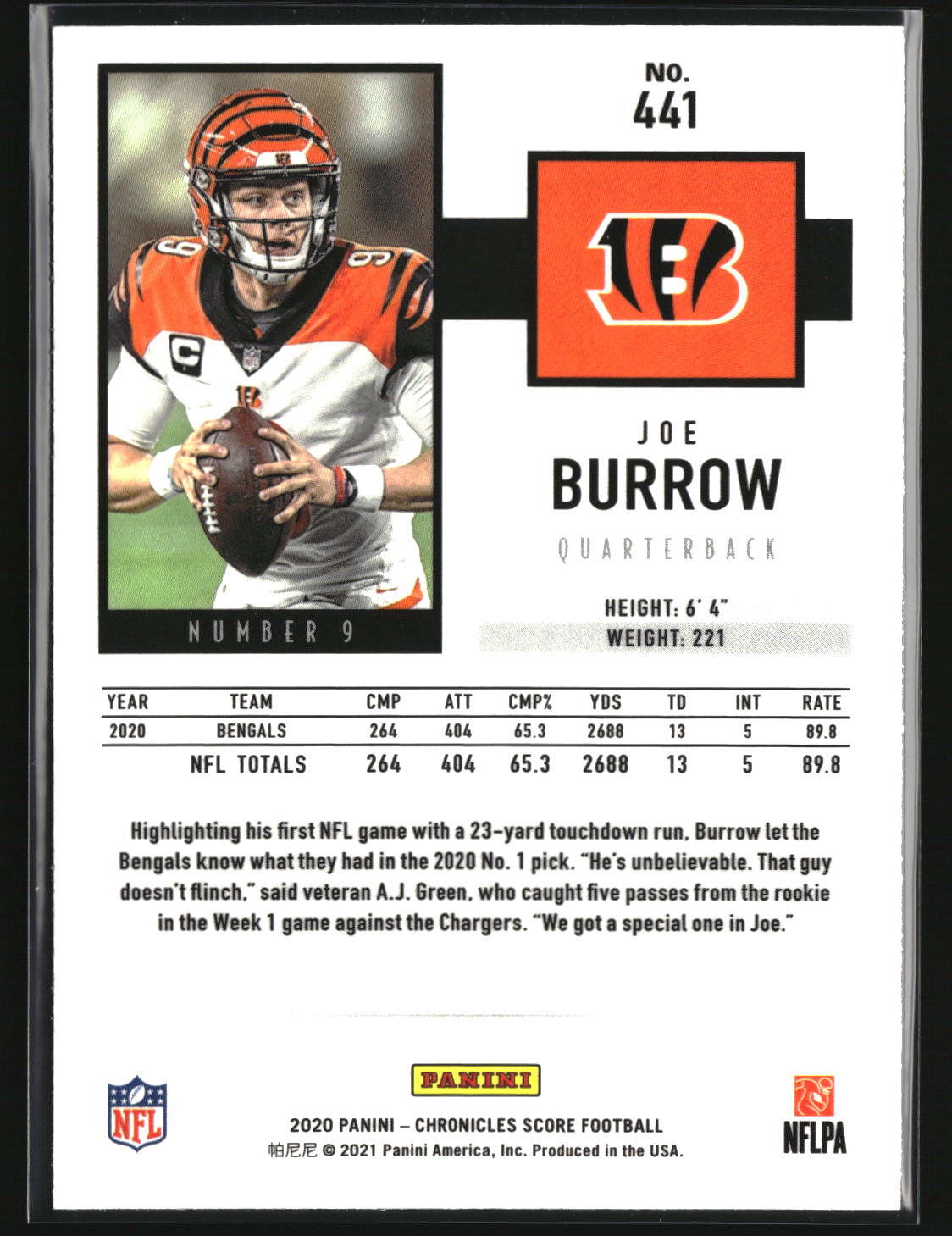Joe Burrow 2020 Panini Chronicles 2020 Score Update Rookies #441