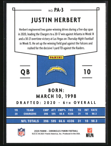 Justin Herbert 2020 Panini Chronicles Panini #PA-3