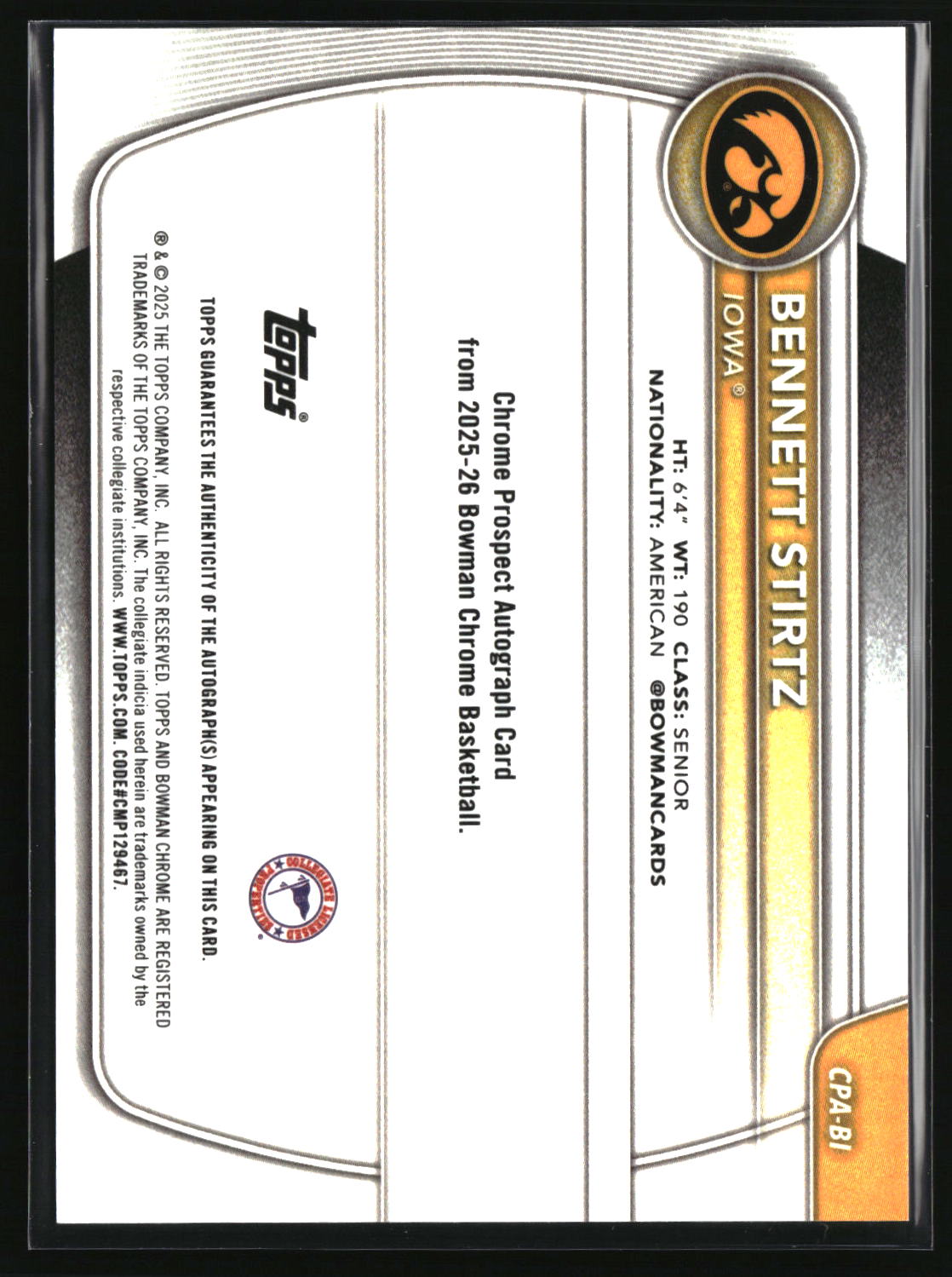 Bennett Stirtz 2025-26 Bowman Chrome Autographs Reptilian Orange #CPA-BI #/25
