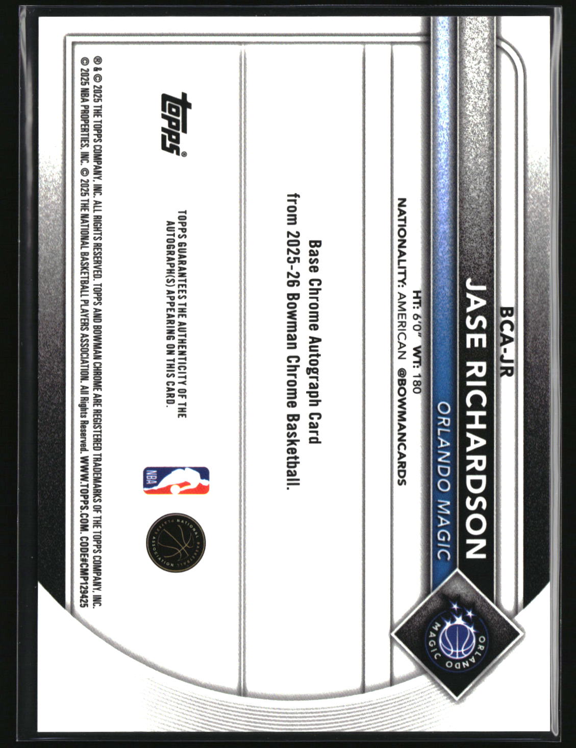 Jase Richardson 2025-26 Bowman Chrome Autographs Mini-Diamond #BCA-JR #/100