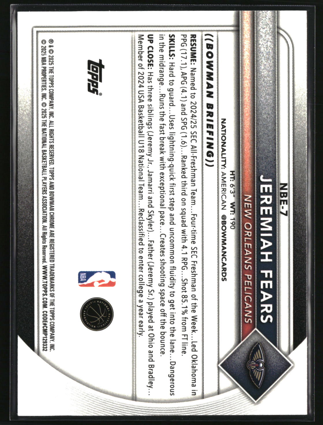 Jeremiah Fears 2025-26 Bowman Etched In Glass Variations #NBE-7