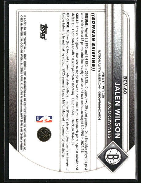 Jalen Wilson 2025-26 Bowman Chrome Reptilian Refractor #BCV-60