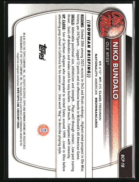 Niko Bundalo 2025-26 Bowman Chrome Prospects Reptilian Refractor #BCP-18